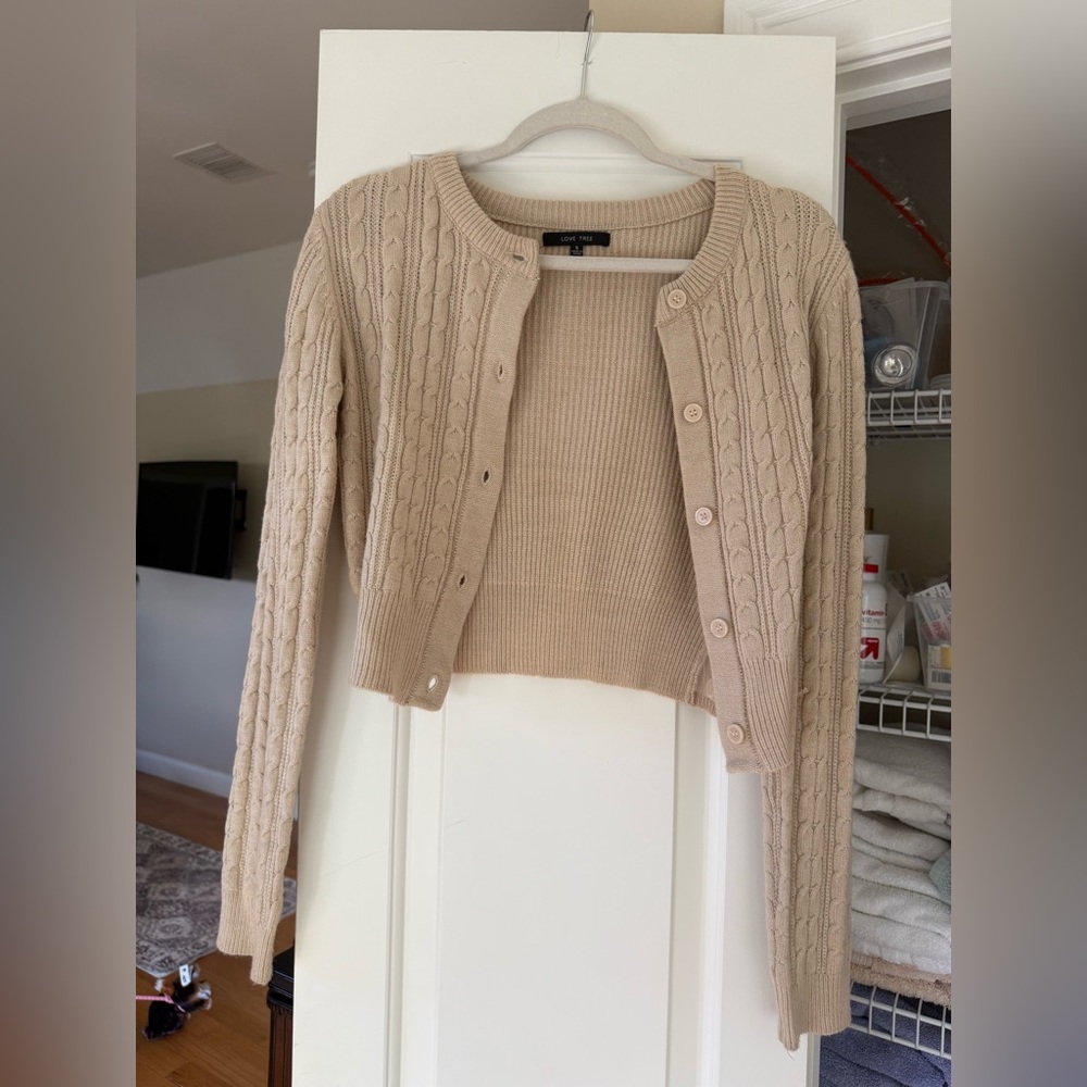 Love Tree Beige Cable Knit Cardigan Set